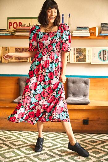 Olalook Women's Black-Coral Elastic Casual Woven Viscose Dress ELB-19001483