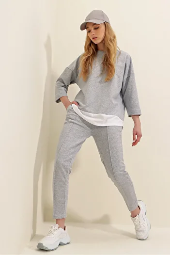 Trend Alaçatı Stili Grauer Damenanzug mit breitem Kragen, elastischer Taille, doppelter Tasche vorne, Nähten, zweifädigem Unterteil und Oberteil ALC-X8175