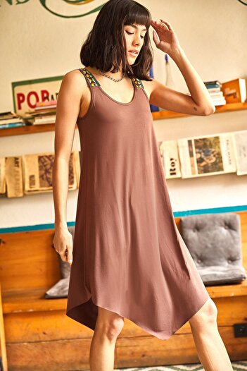 Olalook Women's Bitter Brown Ethnic Strappy Asymmetrical Dress ELB-19000612