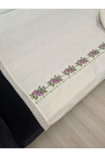 TUNCAY TEKSTİL 350 cm Purple Cross Stitch Sofa Bed Sofa Cover - Embroidered Sofa