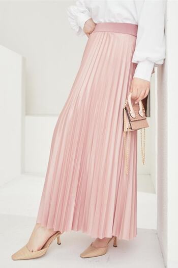 benguen 4521 Model Pleated Skirt with Elastic Waist - Powder