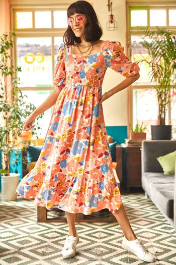 Olalook Women's Ecru Salmon Elastic Casual Woven Viscose Dress ELB-19001483