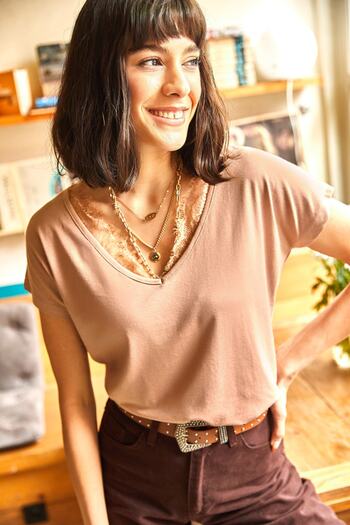 Olalook Bluză casual din viscoză, cu guler bej, dantelă BLZ-19000873