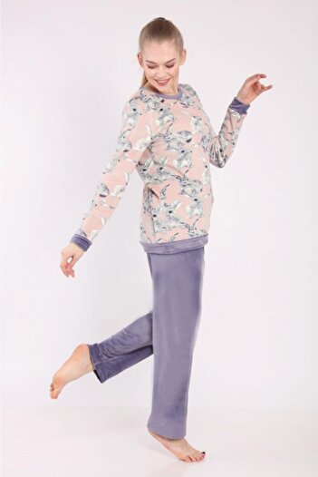 DOFİ Kadın Mor Süper Soft Pijama Takımı Tavşan Desenli