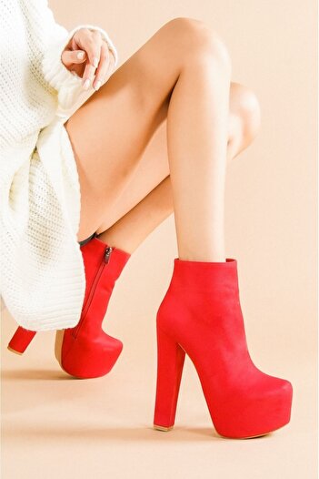 Ayakkabı Ateşi Punta Red Suede Heeled Women's Boots