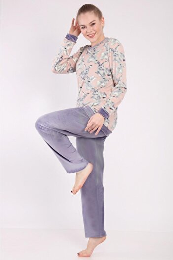 DOFİ Kadın Mor Süper Soft Pijama Takımı Tavşan Desenli