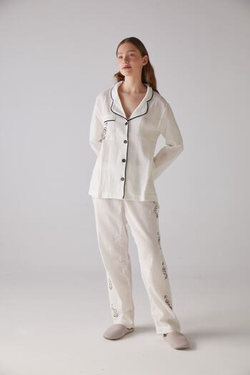 Handarte Nature Women's Cotton Tree Hand Note Printed Long Pajamas Set