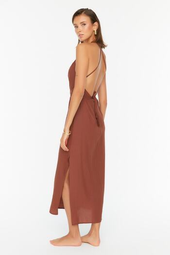Trendyol Collection Brązowa sukienka midi z tkaniny z odkrytymi plecami, plażowa, TBESS22EL0727
