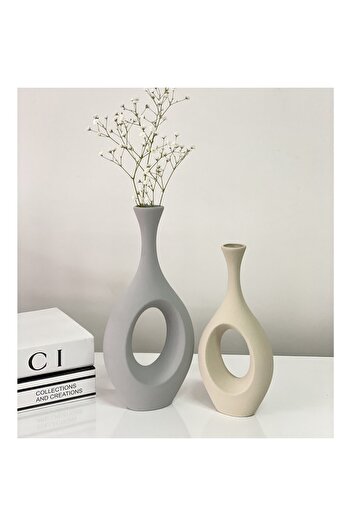 stilinbu Bohemian Hitit Ceramic Vase 2 Pieces - H2530 Grey-Light Beige
