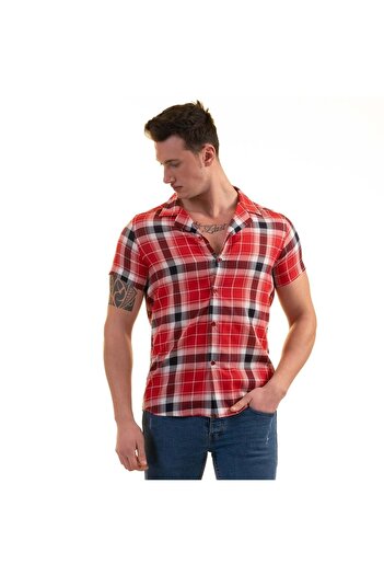 Exve Exclusive Red Black White Plaid Cotton Breathable Slim Fit Short Sleeve Men's Shirt