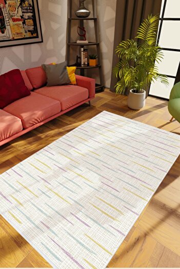 10 Post Online Salon Halısı Eskitme Çizgili Gri Sarı Mavi Kaydırmaz Kesme Yıkanabilir Ince Halı Tüysüz Kilim