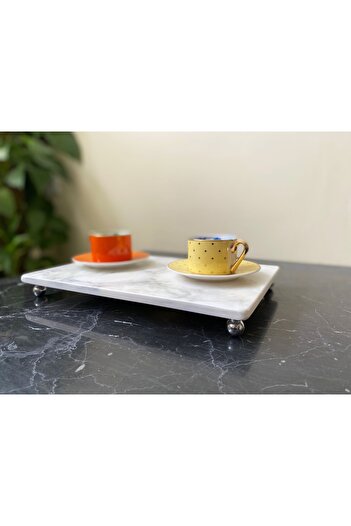 Modestmar Doğal Mermer Ayaklı Gümüş Yuvarlak Ayaklı Sunum 20x30