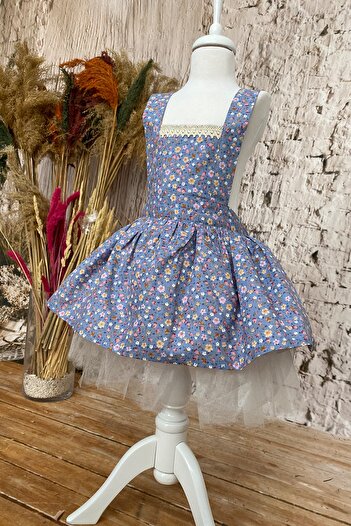 Shecco Babba Girl's Dress Bandana Set Blue Floral 1-8 Years Old Birthday Dress