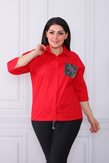 etselements Women's Red Butterfly Printed and Elastic Shirt
