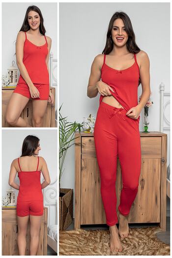 MyBen Women's Red Colored Lace Detailed Pajama Set with Shorts and Tights, Set of 3 75021