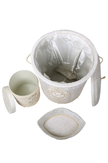 Bonny Home Σετ καλάθια βρώμικων ρούχων μπάνιου Lisa Cream 6 τεμαχίων με δαντέλα Σετ χαλάκι μπάνιου