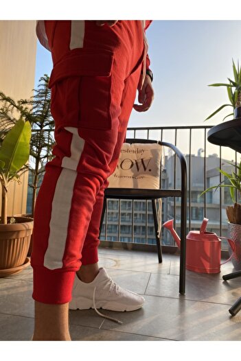 AUST GİYİM Men's Red Striped Cargo Sweatpants