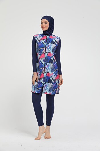 Chelly Women's Navy Blue Full Covered Zippered Hijab Swimsuit with Vest