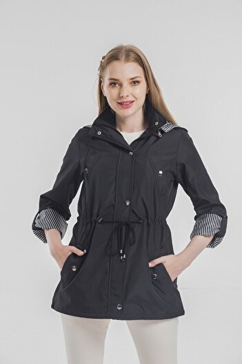 HEPSİKADIN Women's Black Water Repellent Hooded Trench Coat with Waist Drawstring Stripe Detail