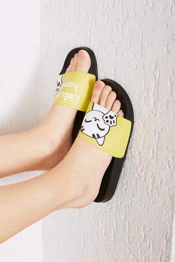 ALTUNTAŞ Women - Girls Welcome Home Cat Printed Anti-Slip Sole Beach Pool Outdoor Slippers Model Yellow