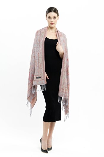 K&B PASHMINA Shawl - Gray & Red - Polyester Free