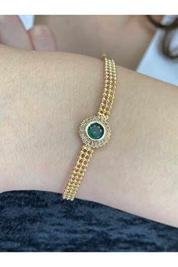 MOSSMOUR Zirkon Zümrüt Yeşili Taşlı Altın Kaplama Luxury Bileklik