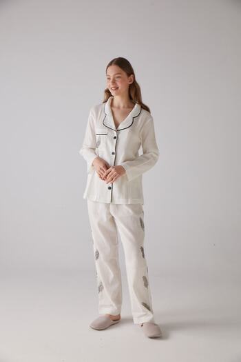 Handarte Nature Women's Cotton Leaf Patterned Tree Hand Printed Long Pajamas Set
