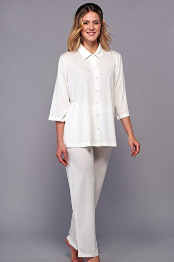 Emose Front Buttoned Maternity Pajama Set Ecru