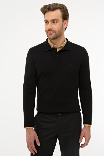 Pierre Cardin Ανδρικό μαύρο πουλόβερ με λαιμόκοψη Polo Basic Knitwear
