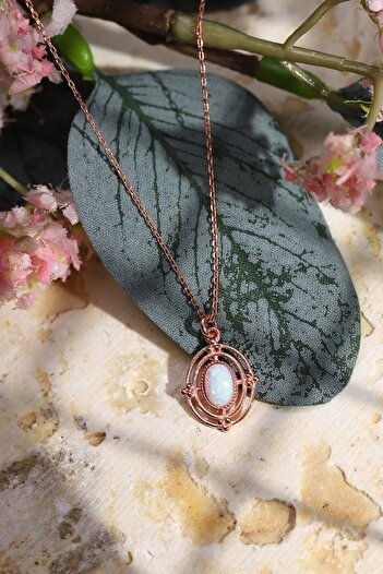 AcestesDesign 925 Ayar Gümüş Beyaz Renk Opal Taşlı Minimal Oval Vintage Gümüş Kolye