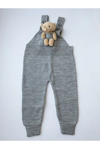 gogo bici Teddy Bear Buttoned Baby Kids Knitwear Salopet Gray