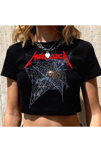 Touz Gothic Metallica Spider Web Skull Printed Crop T-shirt