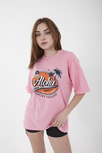 Mad&Calf Unisex Oversize Aloha εμπριμέ ροζ μπλουζάκι