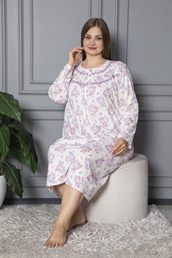 SEBOTEKS 100% Cotton Seasonal Long Sleeve Combed Plus Size Mother's Nightgown 1503