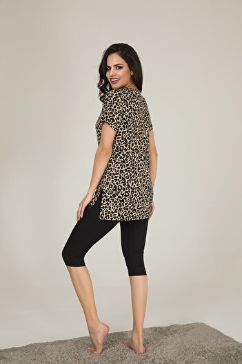 MyBen Women's Black Colored Patterned Tunic and Tights Pajamas Slmky06