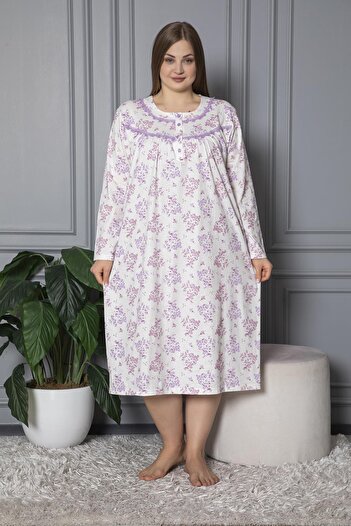 SEBOTEKS 100% Cotton Seasonal Long Sleeve Combed Plus Size Mother's Nightgown 1503
