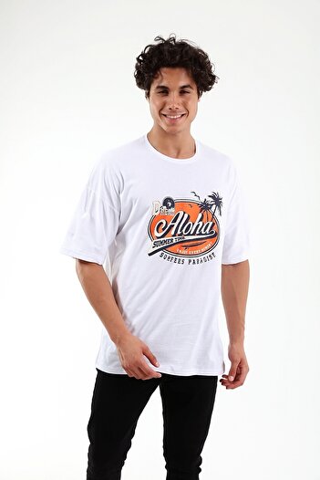 Mad&Calf Unisex Oversize Aloha εμπριμέ λευκό μπλουζάκι