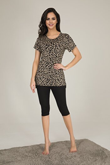 MyBen Women's Black Colored Patterned Tunic and Tights Pajamas Slmky06