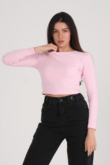 PUNKY CAT Women's Pink Long Sleeve Crop Blouse