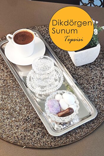 Anadolu Saray Çarşısı Paslanmaz Çelik Dikdörgen Sunum Tepsisi | Lüx Dikdörgen Gümüş Renk Kahve Servis Sunum Tepsisi
