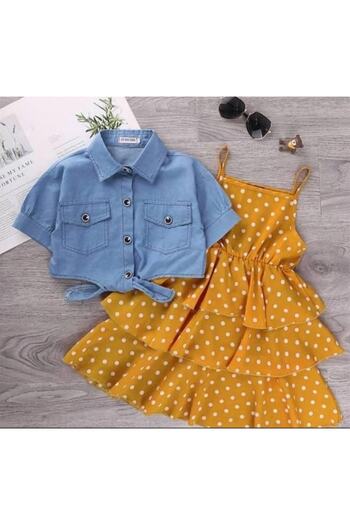 Kids Girl's Polka Dot Viscose Dress and Denim Bolero Suit Uşak Geyin Paltar