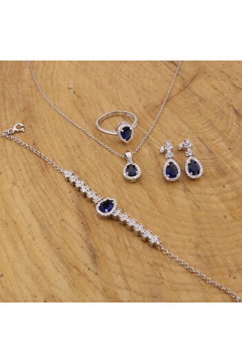 Silveranka 925 Ayar Gümüş Safir Taşlı Su Yolu Damla Set