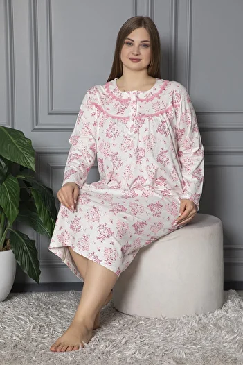 SEBOTEKS 100% Cotton Seasonal Long Sleeve Combed Plus Size Mother's Nightgown 1503
