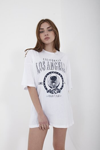 Mad&Calf Unisex Oversize Λος Άντζελες εμπριμέ λευκό μπλουζάκι