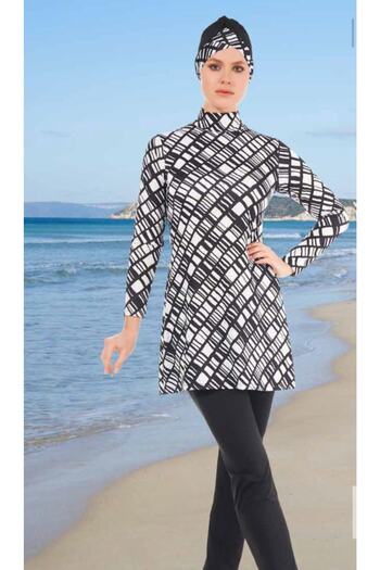 Estiva 22905 Black Digital Patterned Full Size Lycra Hijab Swimsuit