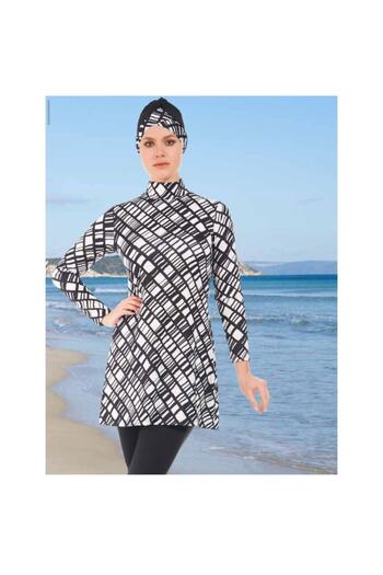 Estiva 22905 Black Digital Patterned Full Size Lycra Hijab Swimsuit
