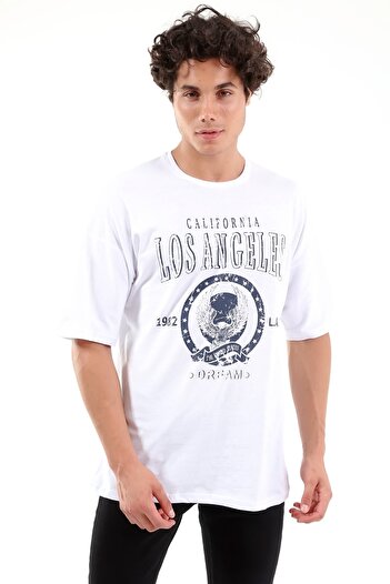 Mad&Calf Unisex Oversize Λος Άντζελες εμπριμέ λευκό μπλουζάκι