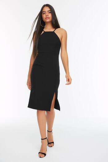Trendyol Collection Sukienka Midi z dekoltem wiązanym na szyi - Czarna ołówkowa spódnica z rozcięciem i kopertą TWOSS19BB0501
