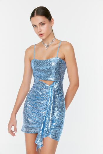 Trendyol Collection Stylové tyrkysové pletené večerní šaty – krátké šaty TPRSS22EL2896
