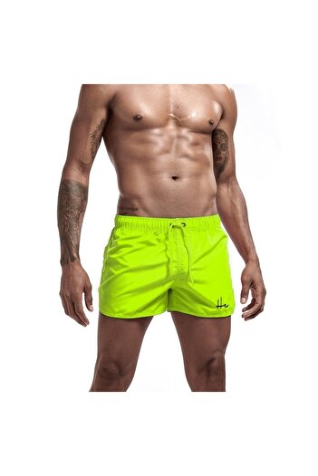 Oliggopol Men's Neon Green Swim Shorts Swimsuit with Pockets Solid Color Basic Slim Fit New Season